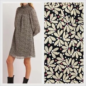 Boden Yoke Dress Floral High Smocked Neck Metallic Stripe Front Pockets size 6R